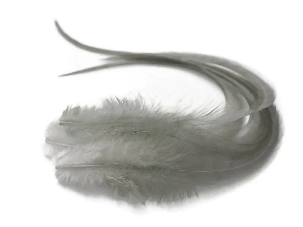 Soft grey decorative feathers for DIY crafts and fashion accessories.