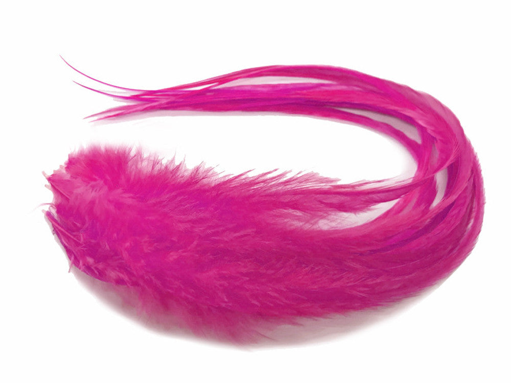 6 Pieces - XL Solid Hot Pink Thick Long Whiting Farm Rooster Saddle Hair Extension Feathers