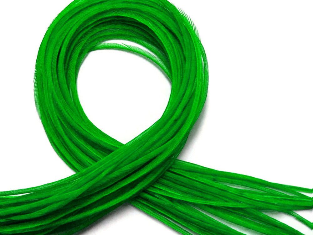 10 Pieces - Solid Kelly Green Thin Long Rooster Hair Extension Feathers