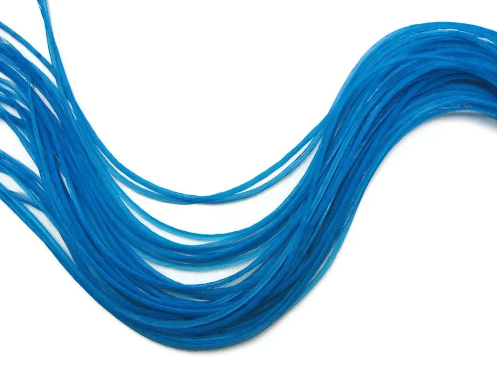Vibrant blue synthetic hair extensions or craft fiber strands on a white background.