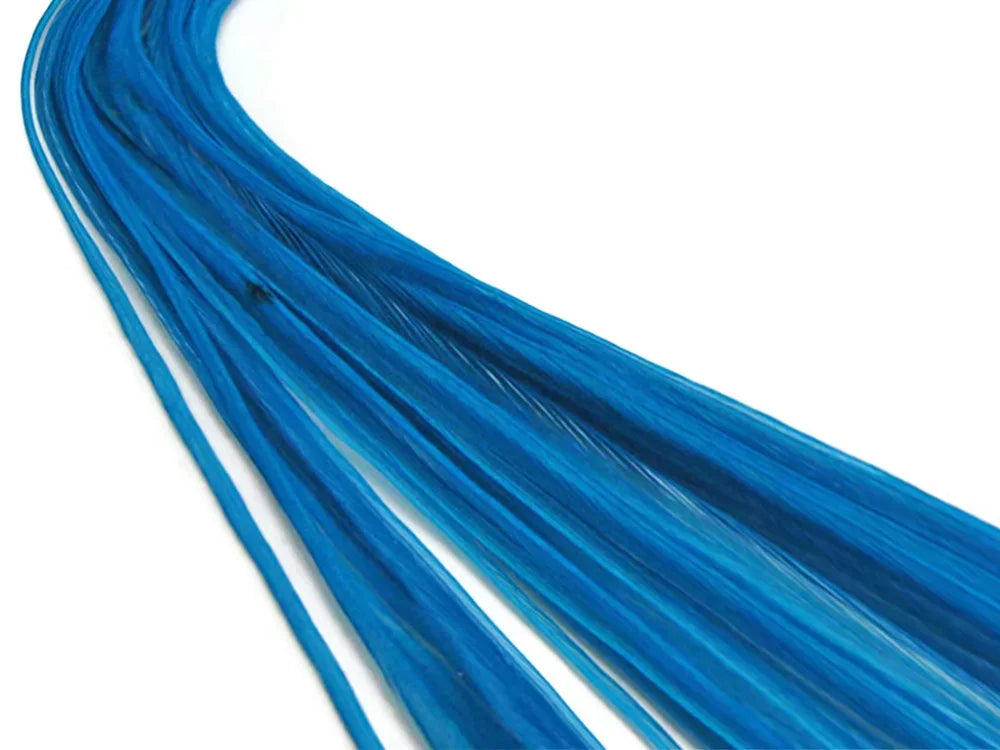 Vibrant blue synthetic hair extensions for crafts and fashion on a white background