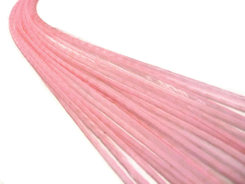 Long, vibrant pink dyed feathers for fashion and craft DIY projects.