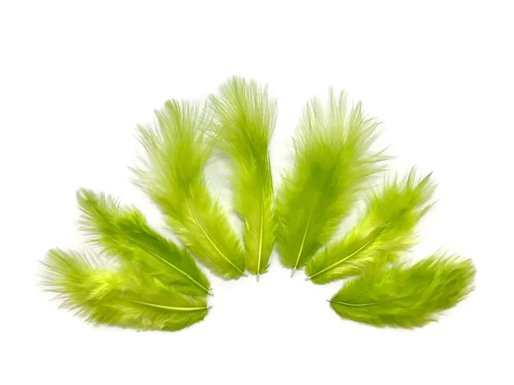 Six vibrant lime green craft feathers arranged in a fan shape on a white background.