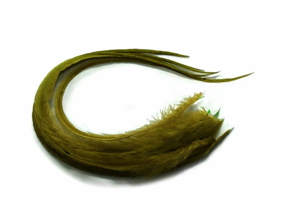 Long olive green decorative feathers for DIY crafts and fashion accessories.