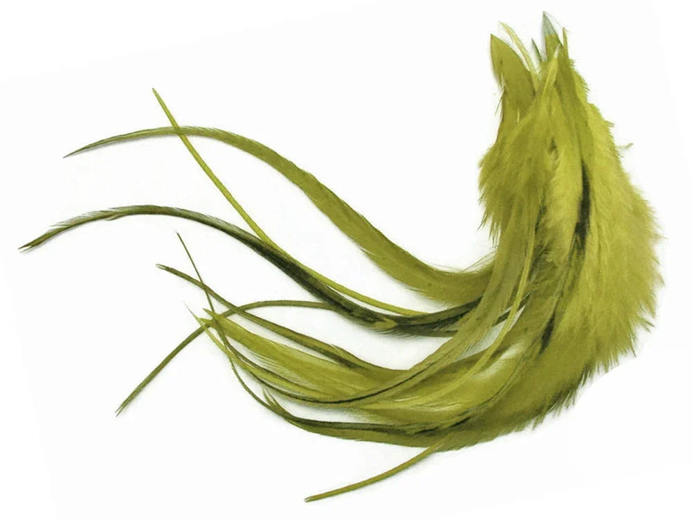Long olive green decorative feathers for crafts and DIY fashion accessories.