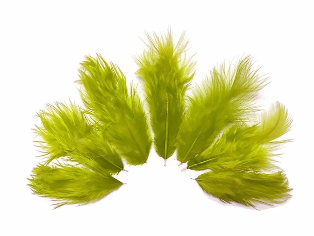 Five vibrant lime green craft feathers arranged in a fan shape on a white background.