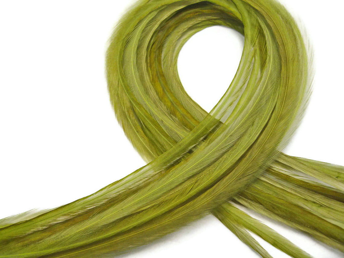 10 Pieces - Solid Olive Thin Long Rooster Hair Extension Feathers
