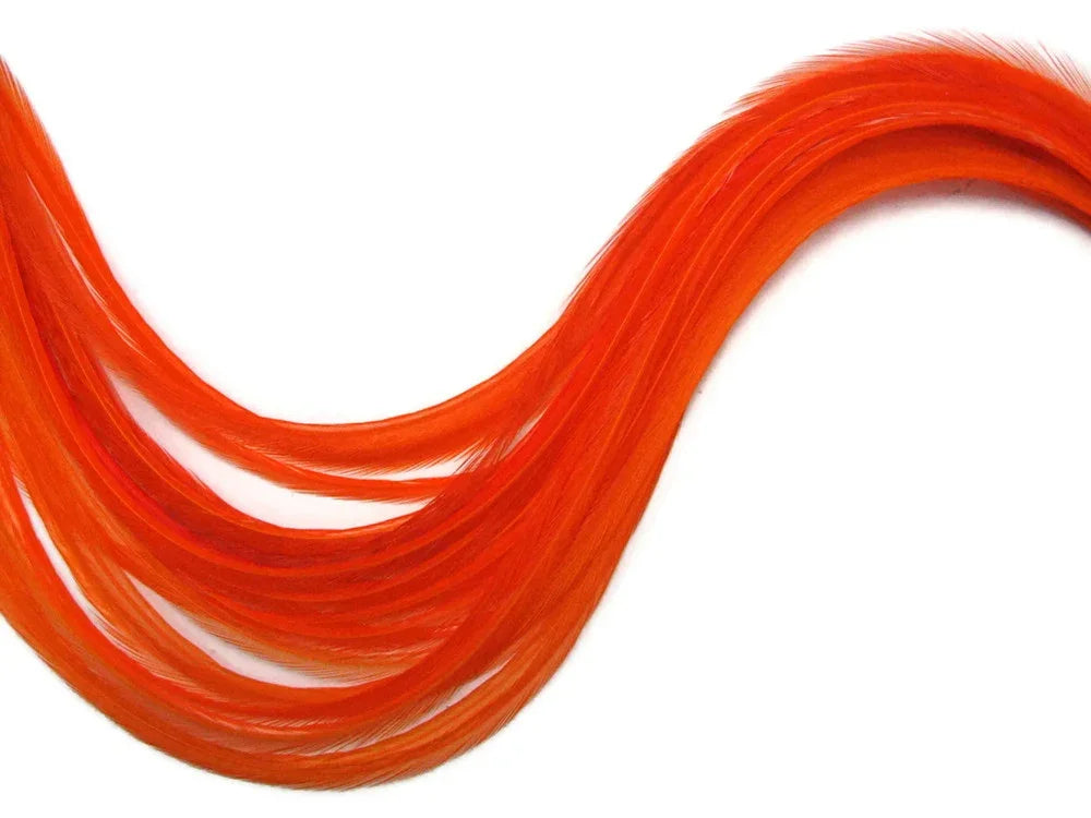 Vibrant orange craft feathers arranged in a flowing wave pattern on a white background.