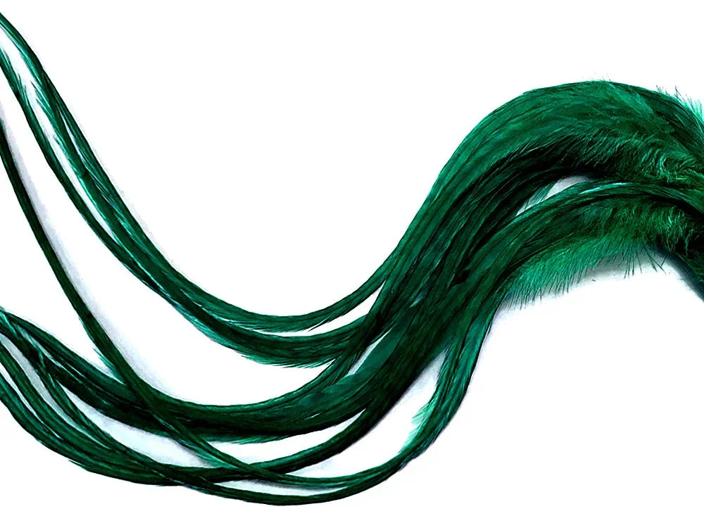 Long emerald green feathers for crafts and fashion decor on a white background.
