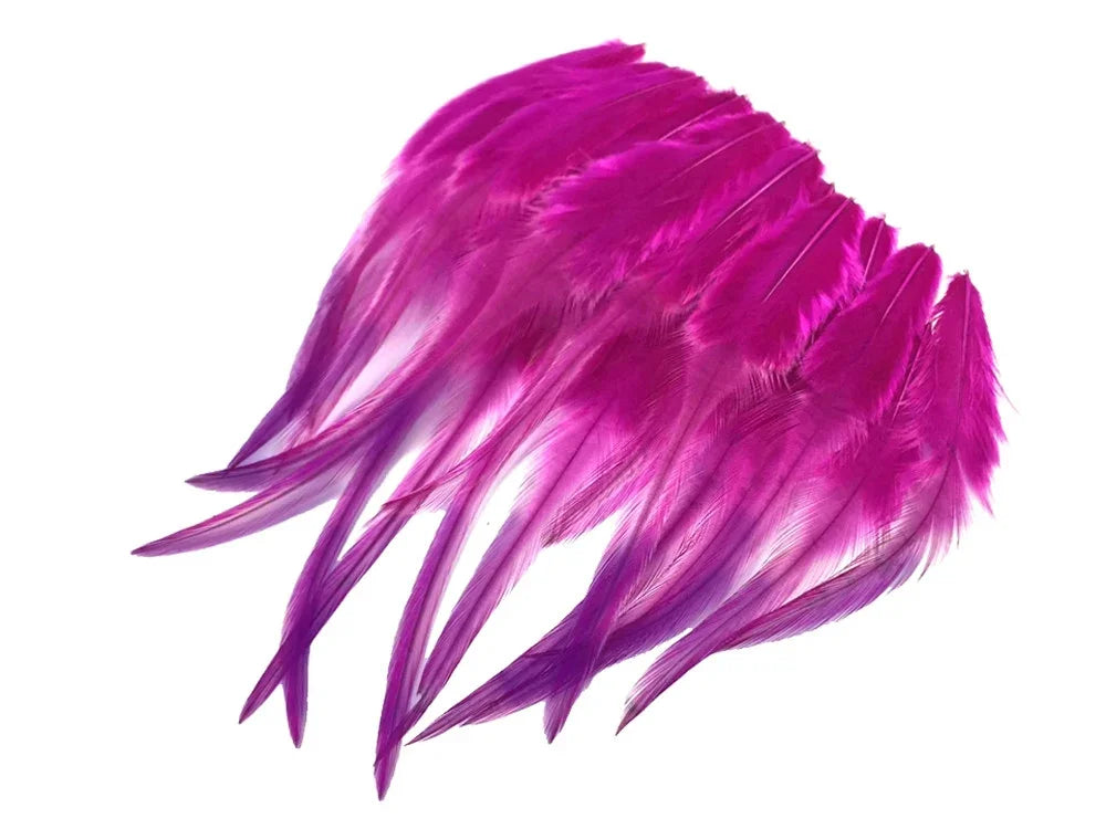 Vibrant magenta and purple dyed feathers for craft and fashion DIY projects.