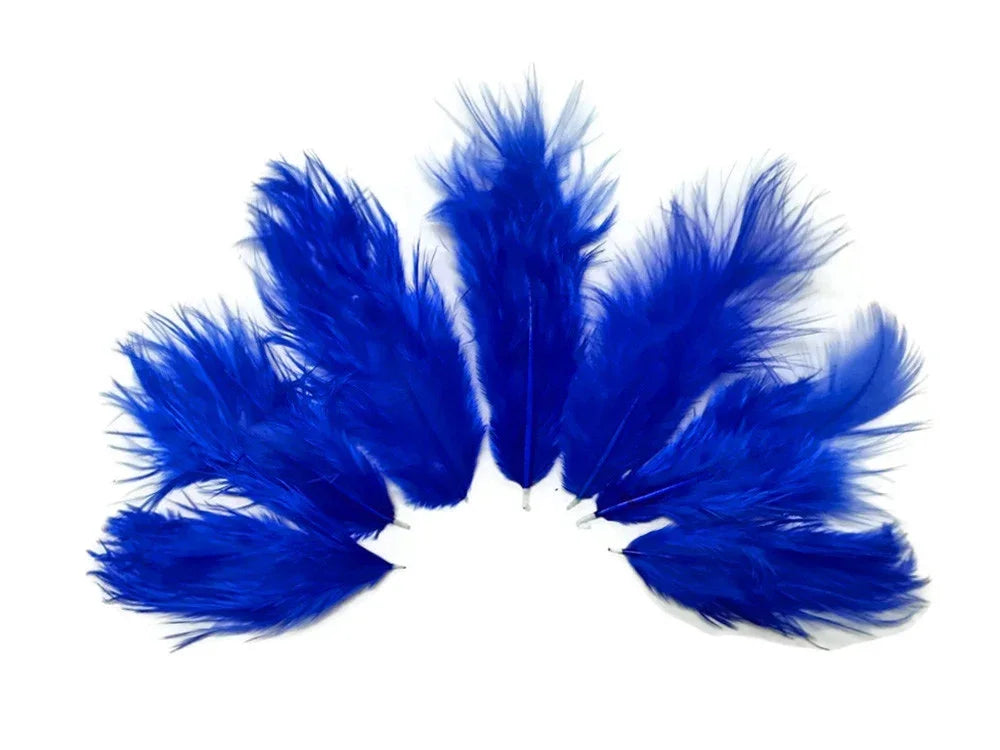 A collection of vibrant blue craft feathers arranged in a semi-circle on a white background.