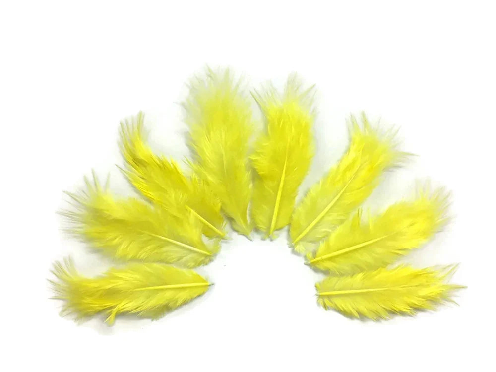 Set of bright yellow craft feathers arranged in a semi-circle on a white background.