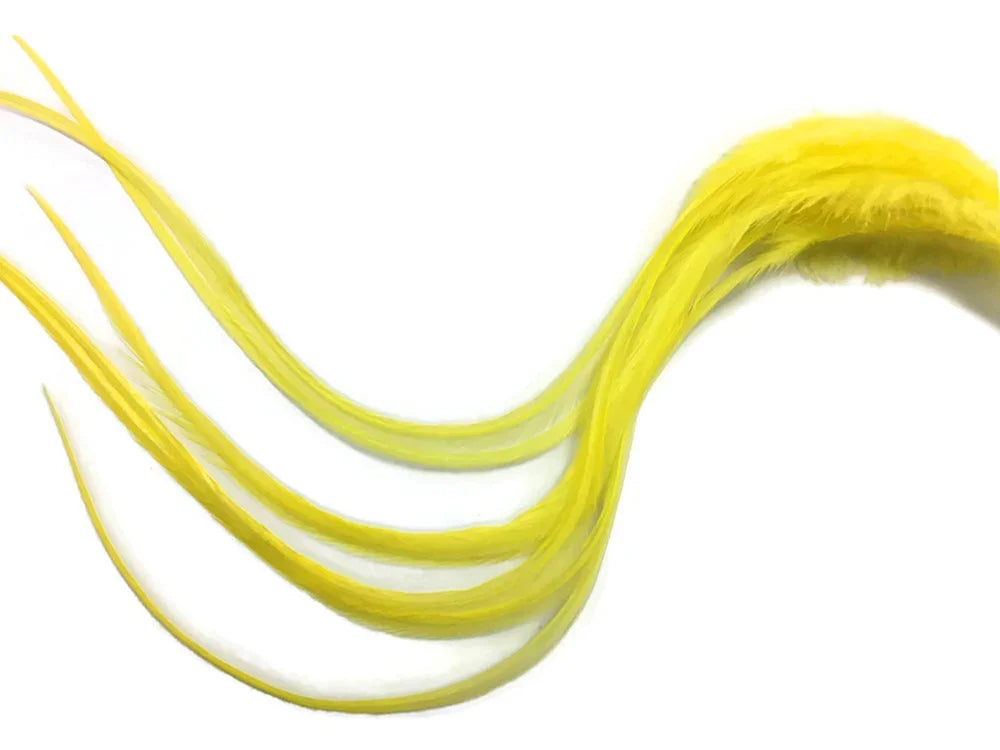 Long flowing bright yellow feathers for DIY crafts and fashion accessories.