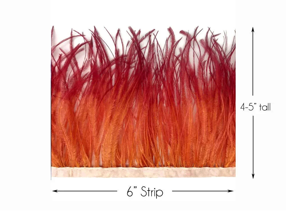 6-inch strip of orange and red ombre feather trim, 4-5 inches tall for crafts and fashion.