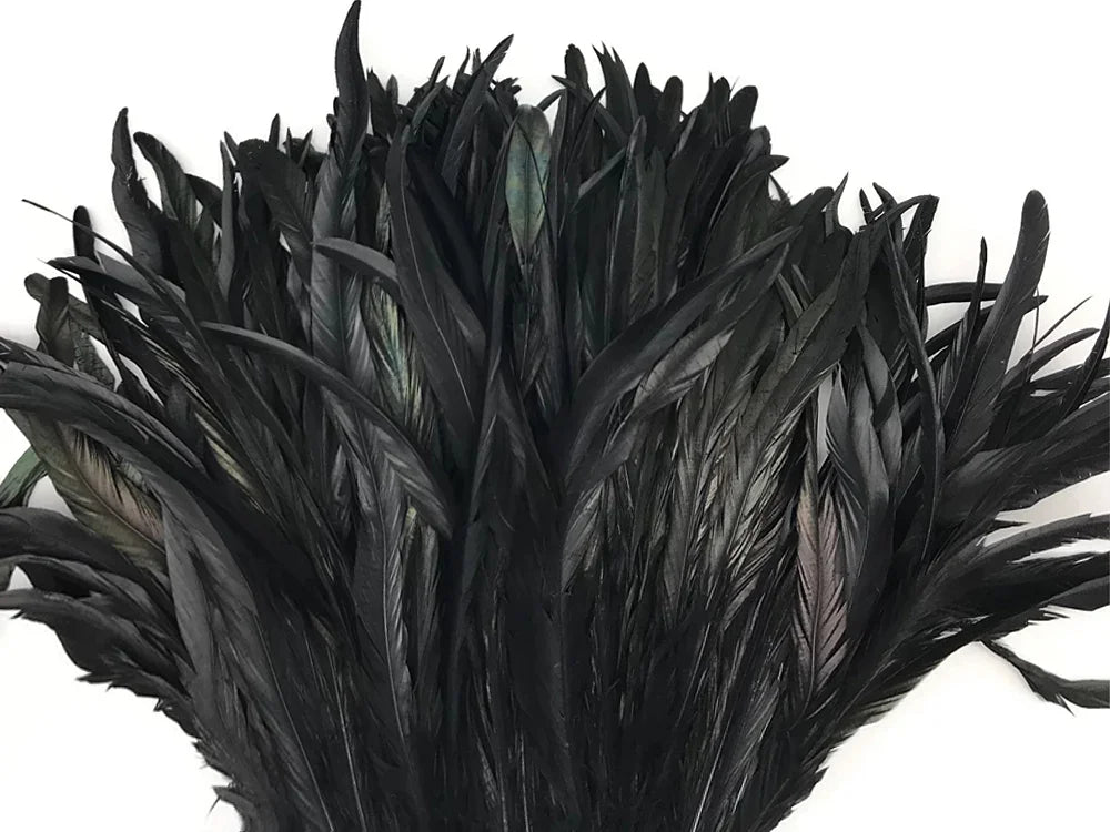 1/2 Yard - 8-10" Black Strung Natural Bleach & Dyed Rooster Coque Tail Wholesale Feathers (Bulk)