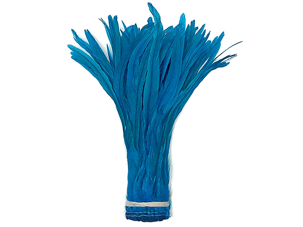 1/8 Lb. - 16-18" Turquoise Blue Strung Natural Bleach & Dyed Rooster Coque Tail Wholesale Feathers (Bulk)