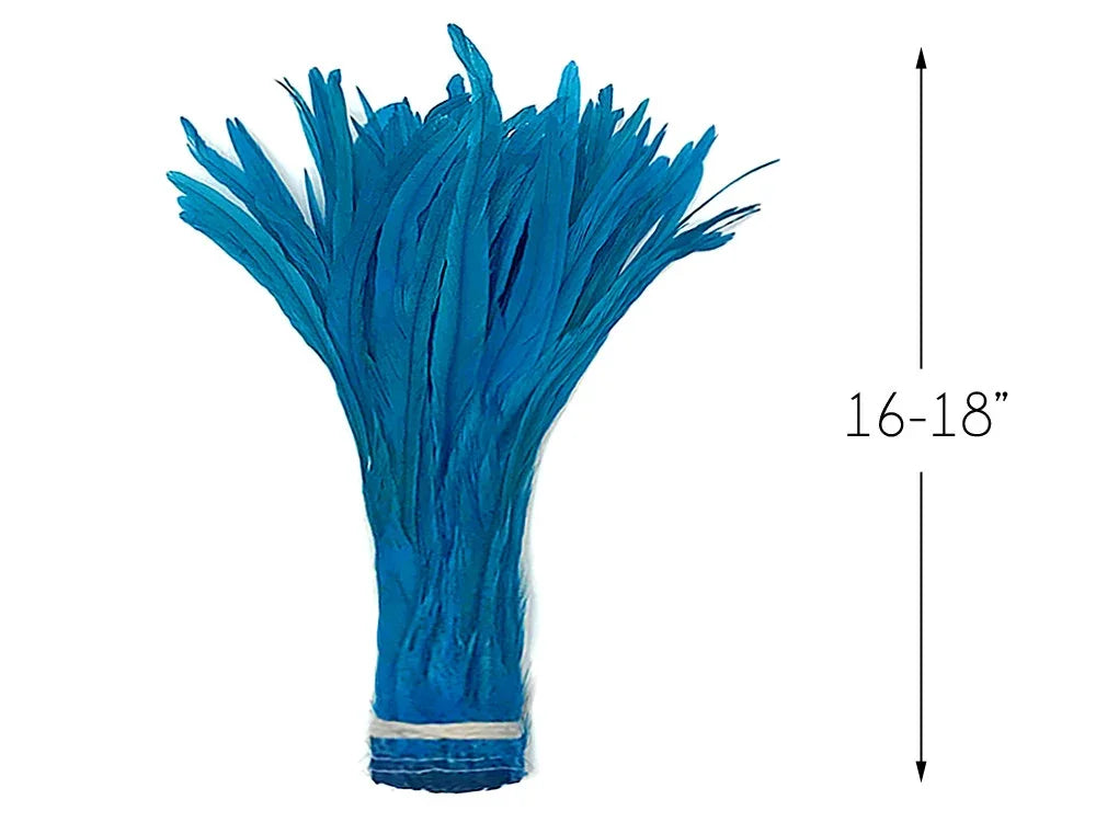 Vibrant blue craft feathers, 16-18 inches long, for DIY fashion and décor.