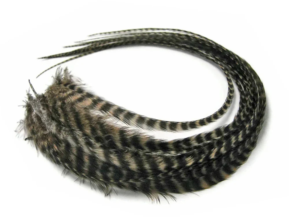 Striped brown and black natural feathers for DIY crafts and fashion decor.