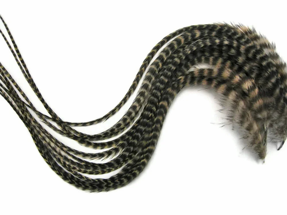 Long striped brown and black patterned feathers for DIY crafts and fashion decor.
