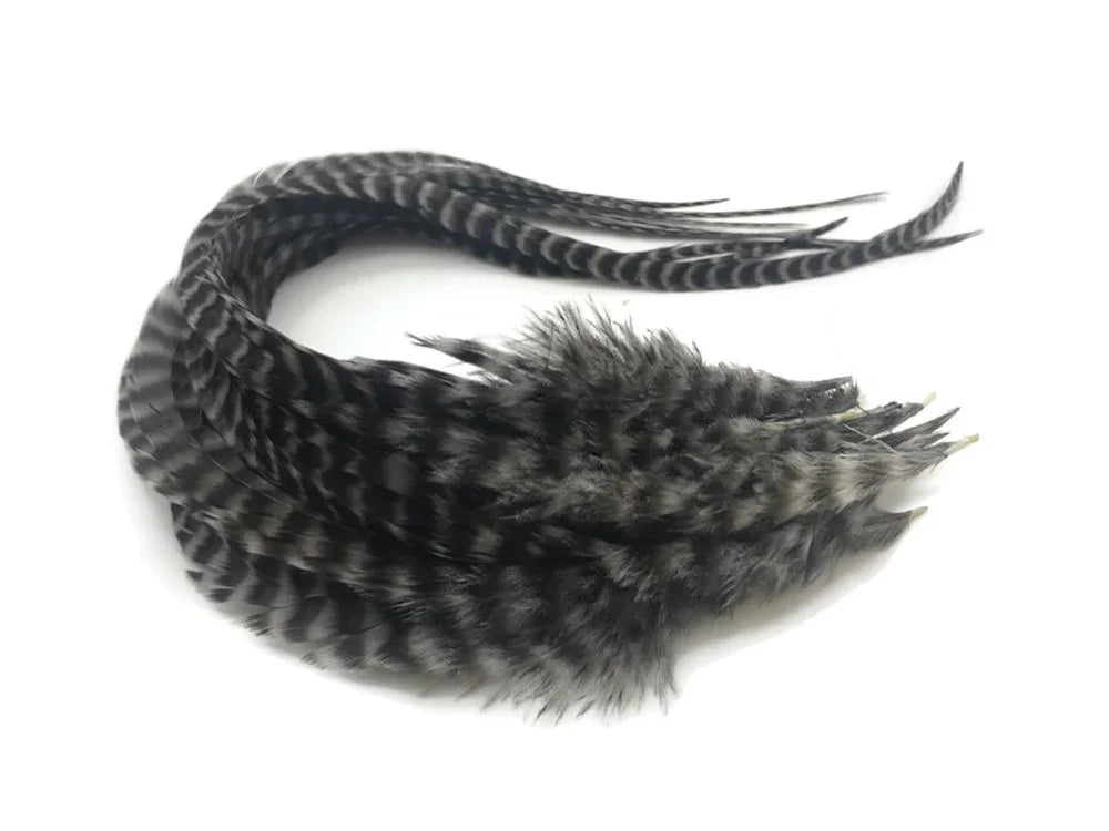 Black and grey striped natural feathers for DIY crafts and fashion décor.