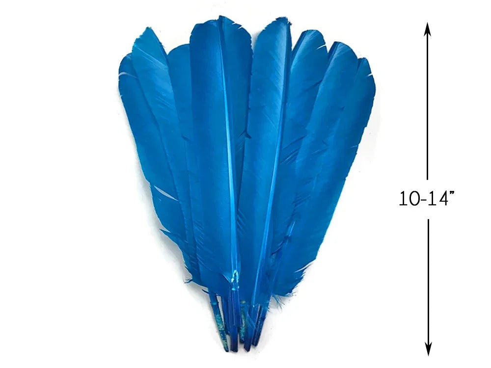 Vibrant blue craft feathers, 10-14 inches long, for DIY fashion and decor.
