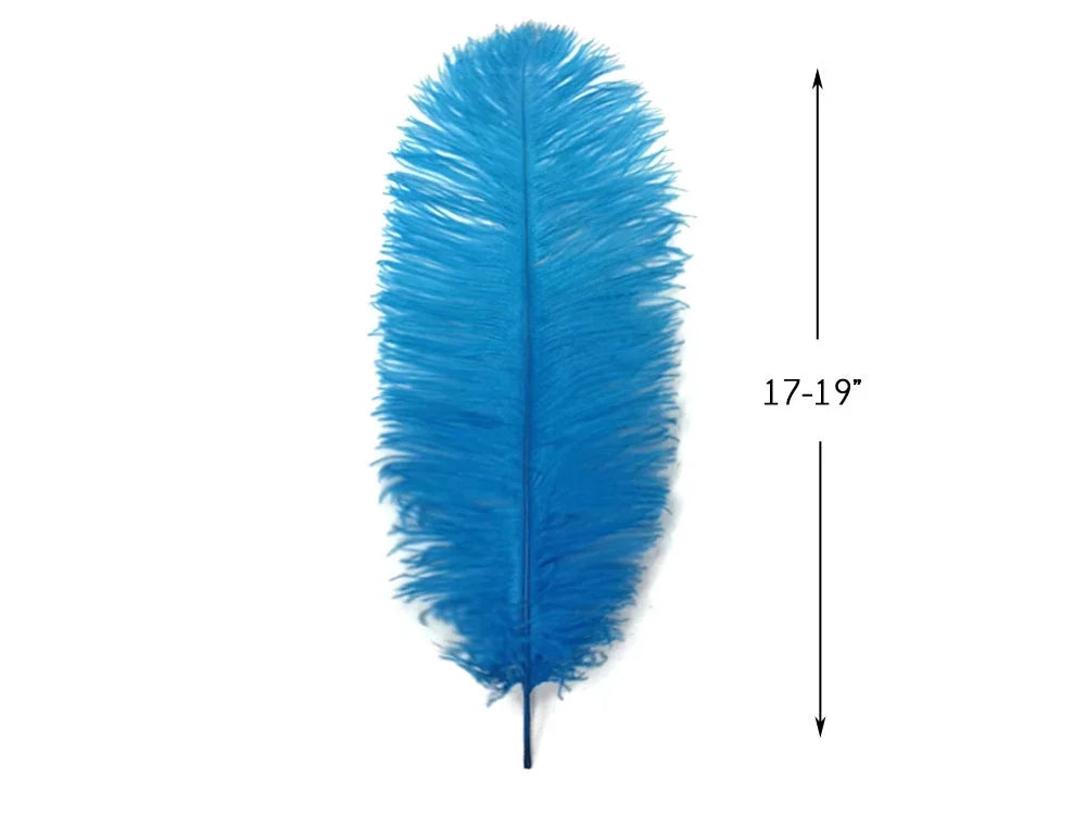 Bright blue ostrich feather for crafts and fashion, 17-19 inches long.