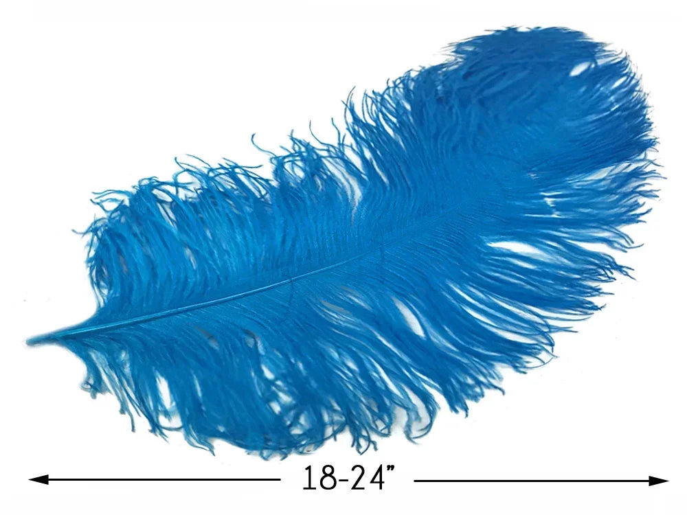 Large vibrant blue ostrich feather for crafts and fashion decor, 18-24 inches long.
