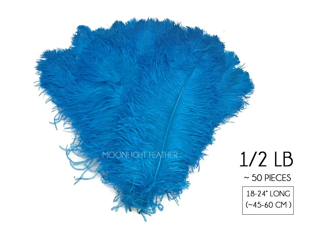 A bundle of vibrant blue ostrich feathers, approximately 18-24 inches long.