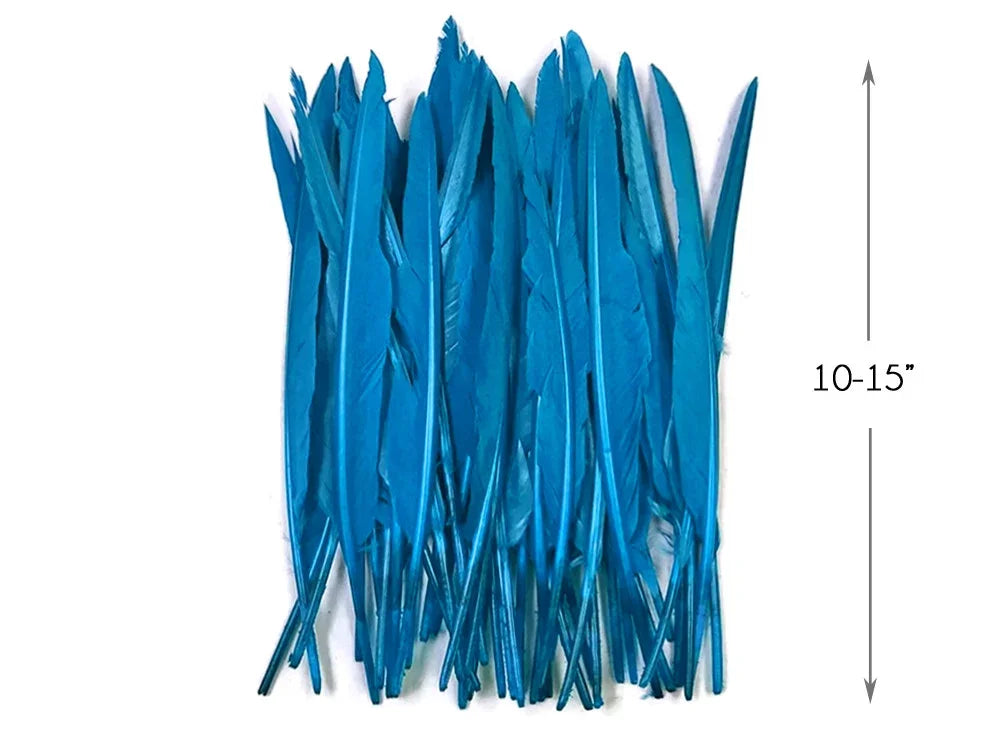 Vibrant blue craft feathers, 10-15 inches long, for DIY fashion and decor.