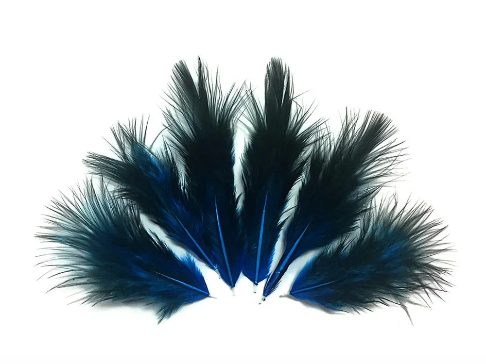 Vibrant blue and black decorative feathers for DIY crafts and fashion accessories.