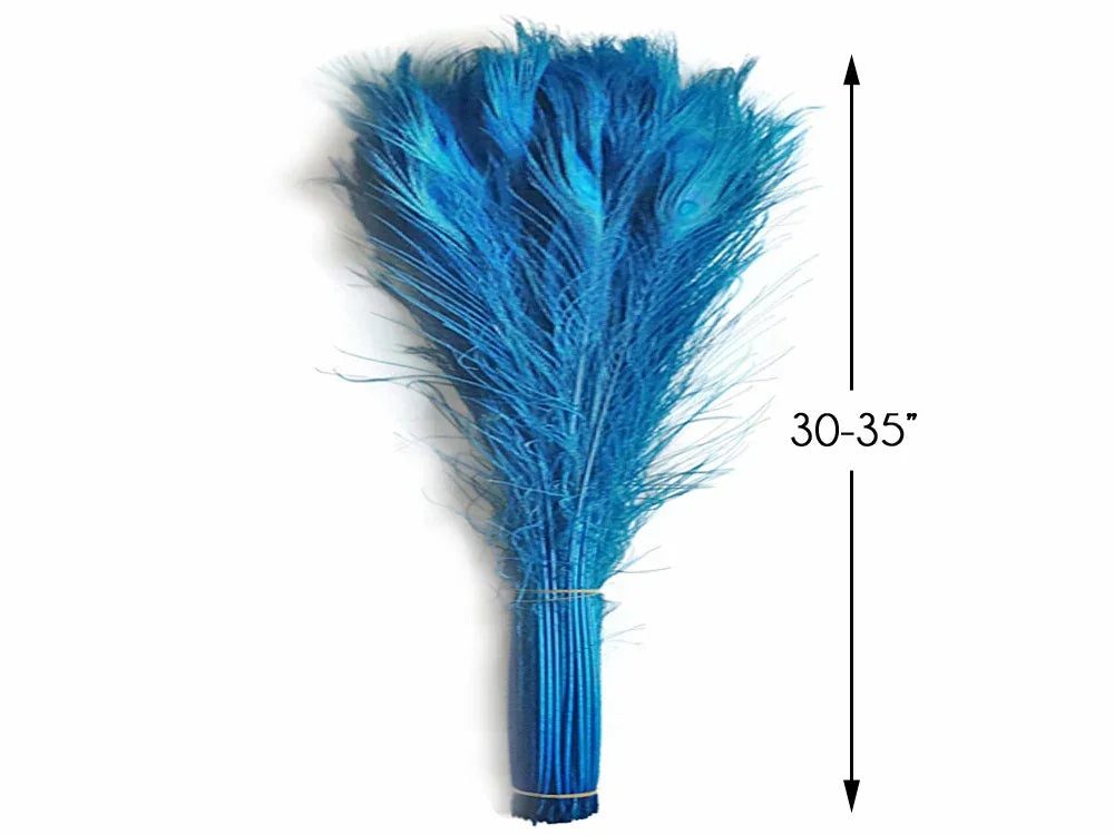 Bundle of vibrant blue dyed feathers for crafts and decor, 30-35 inches long