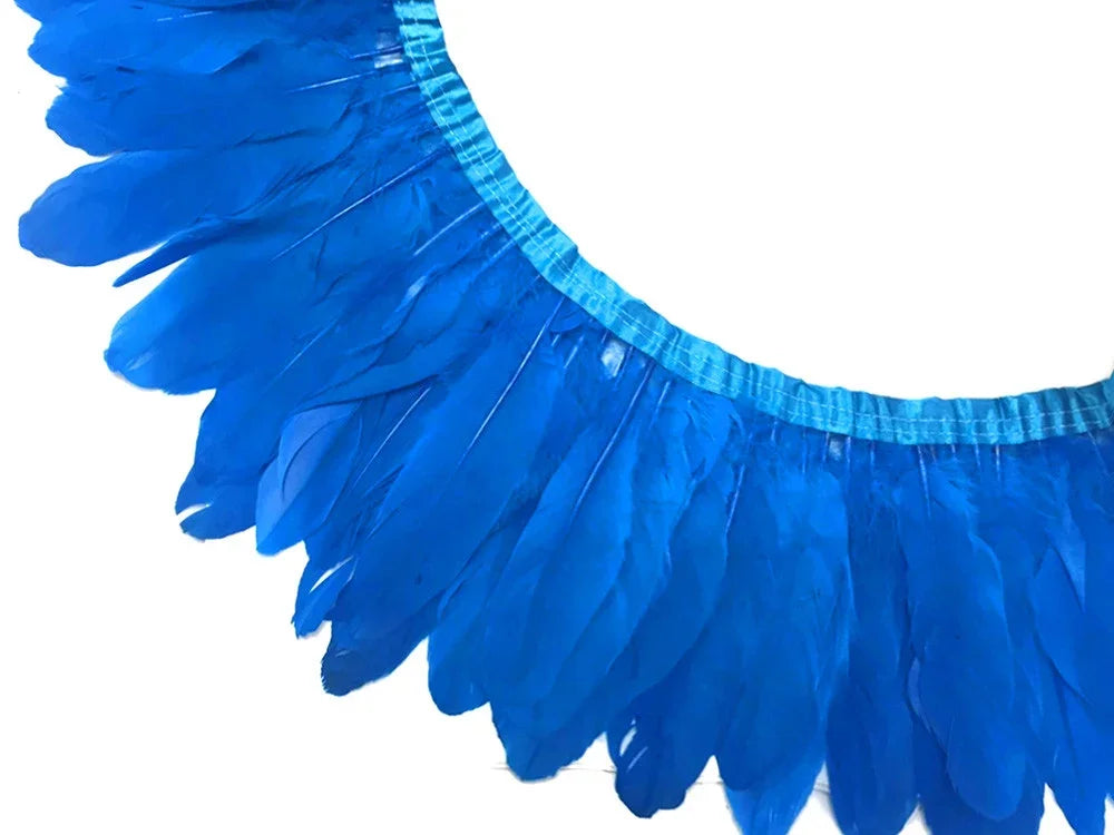 Vibrant blue feathers attached to an elasticated trim for crafts and fashion DIY projects.