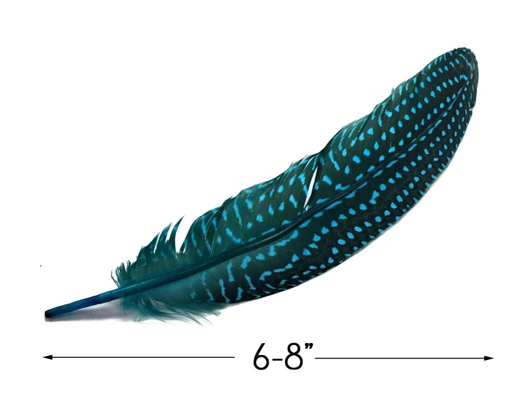 Teal and black spotted craft feather, 6-8 inches long for DIY fashion and decor.