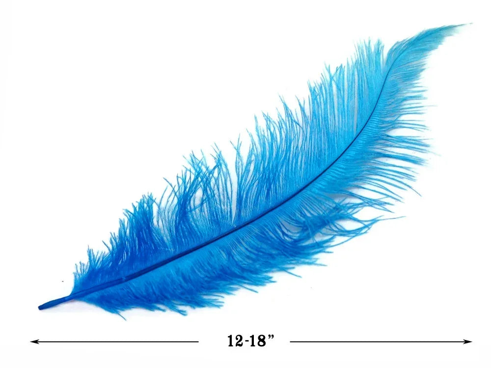 Vibrant bright blue ostrich feather for crafts and fashion decor, 12-18 inches long.