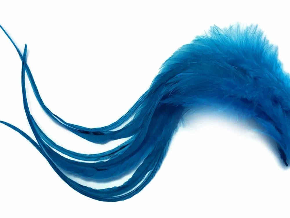 Vibrant blue ostrich feathers for fashion crafts and DIY décor on a white background.