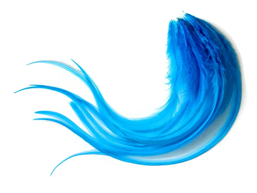 Vibrant bright blue feathers for DIY crafts and fashion accessories on a white background.