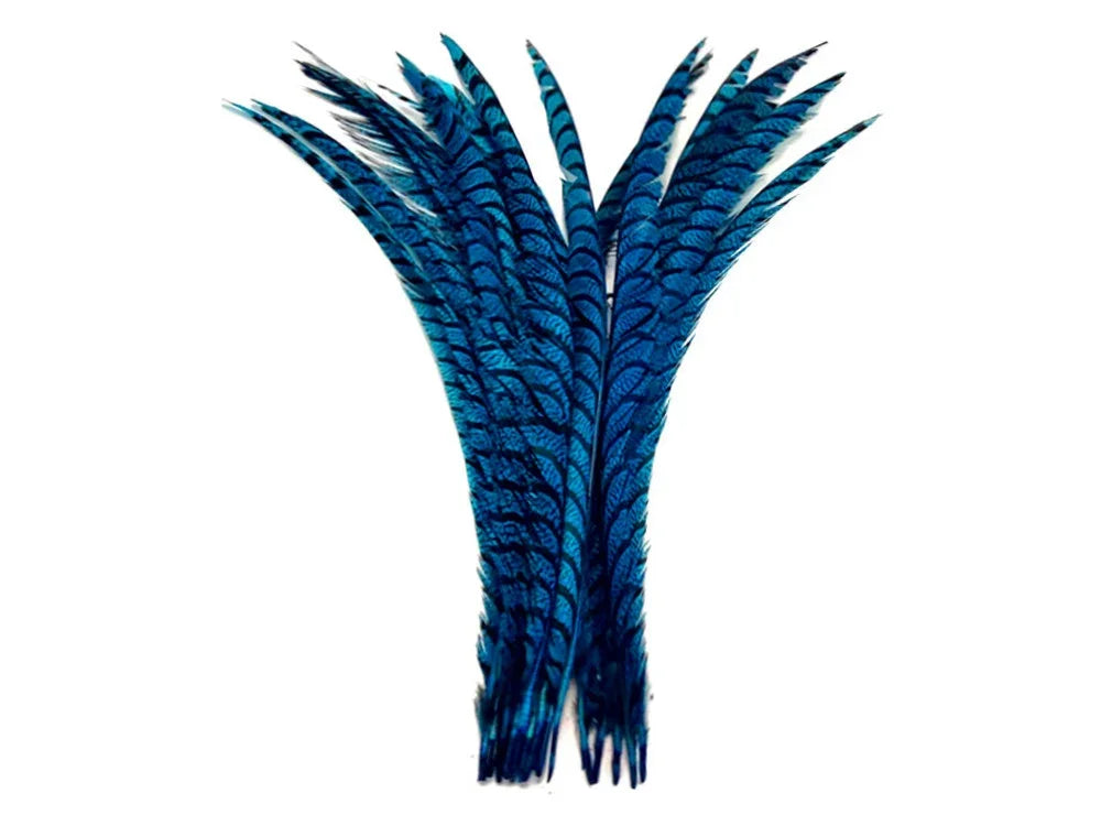 Vibrant blue patterned feathers for DIY crafts and fashion decor.