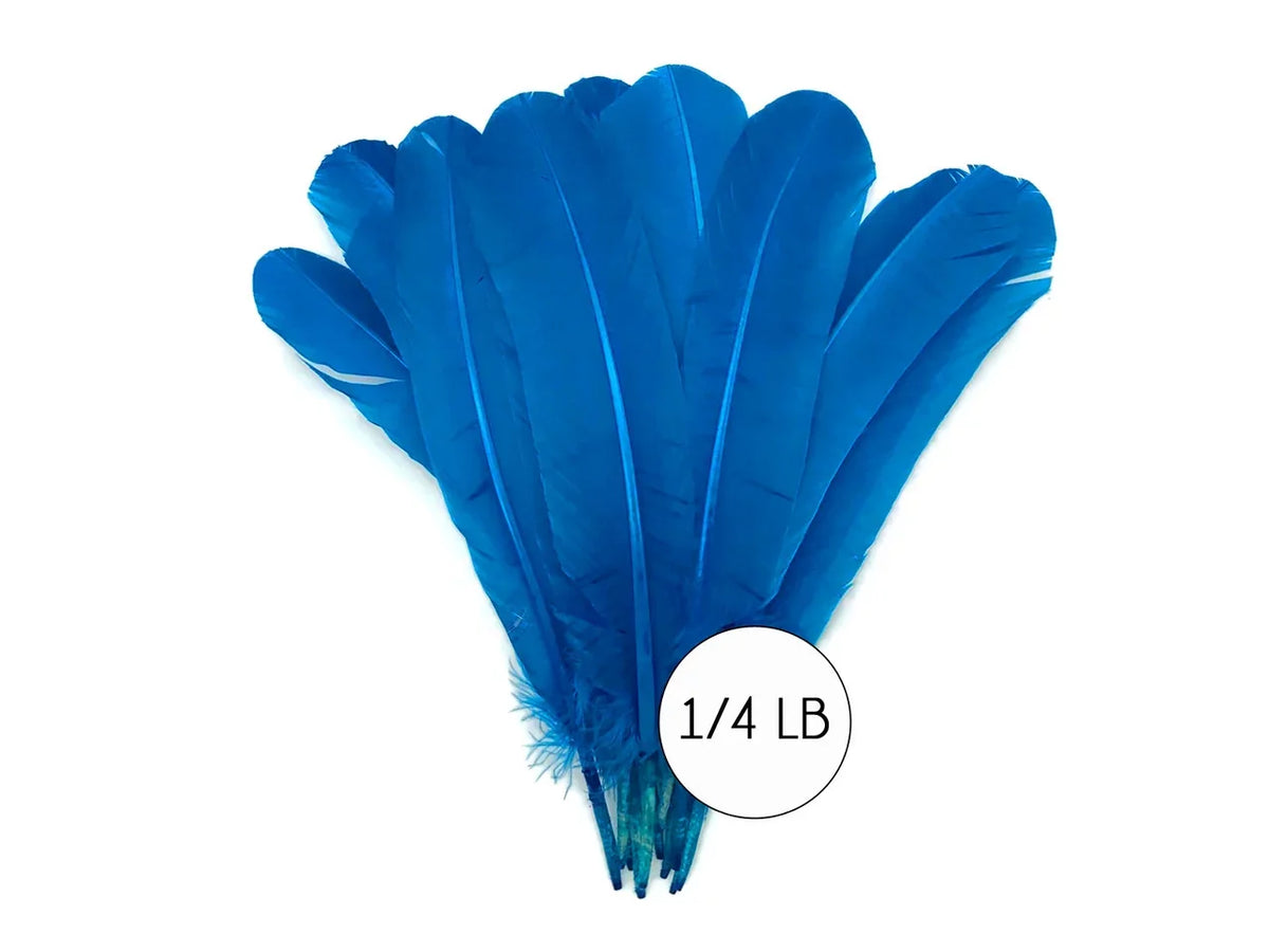 Vibrant blue craft feathers for DIY fashion and decor, 1/4 lb bulk pack.