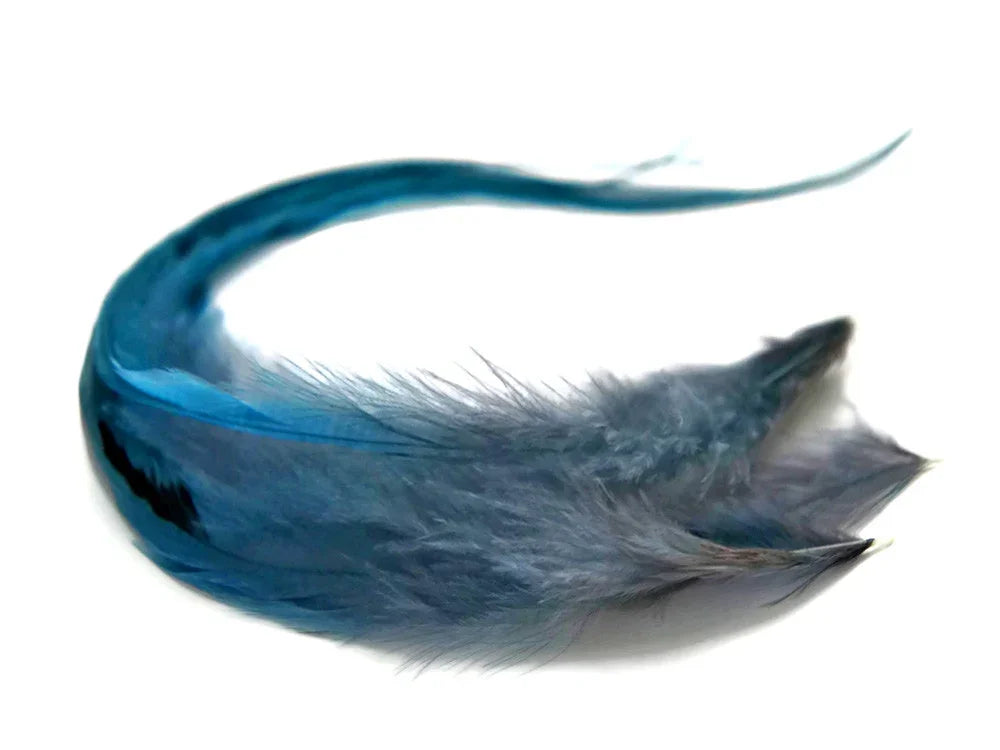 Vibrant blue and grey decorative feather for crafts and fashion DIY projects.