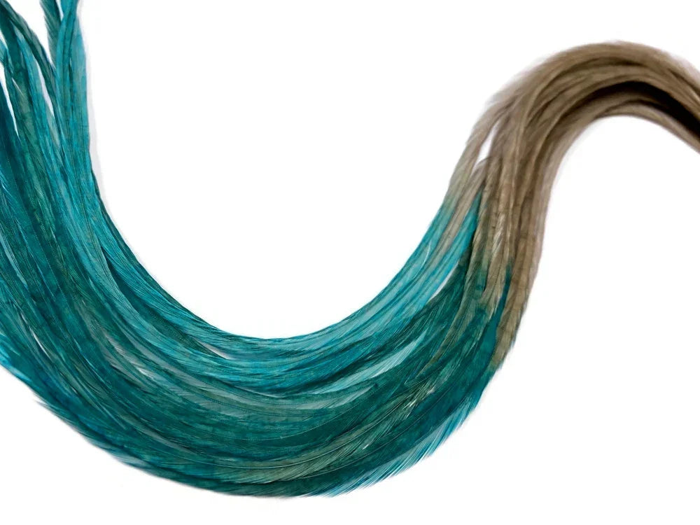 Teal and brown dyed feathers for crafts and fashion DIY supplies.