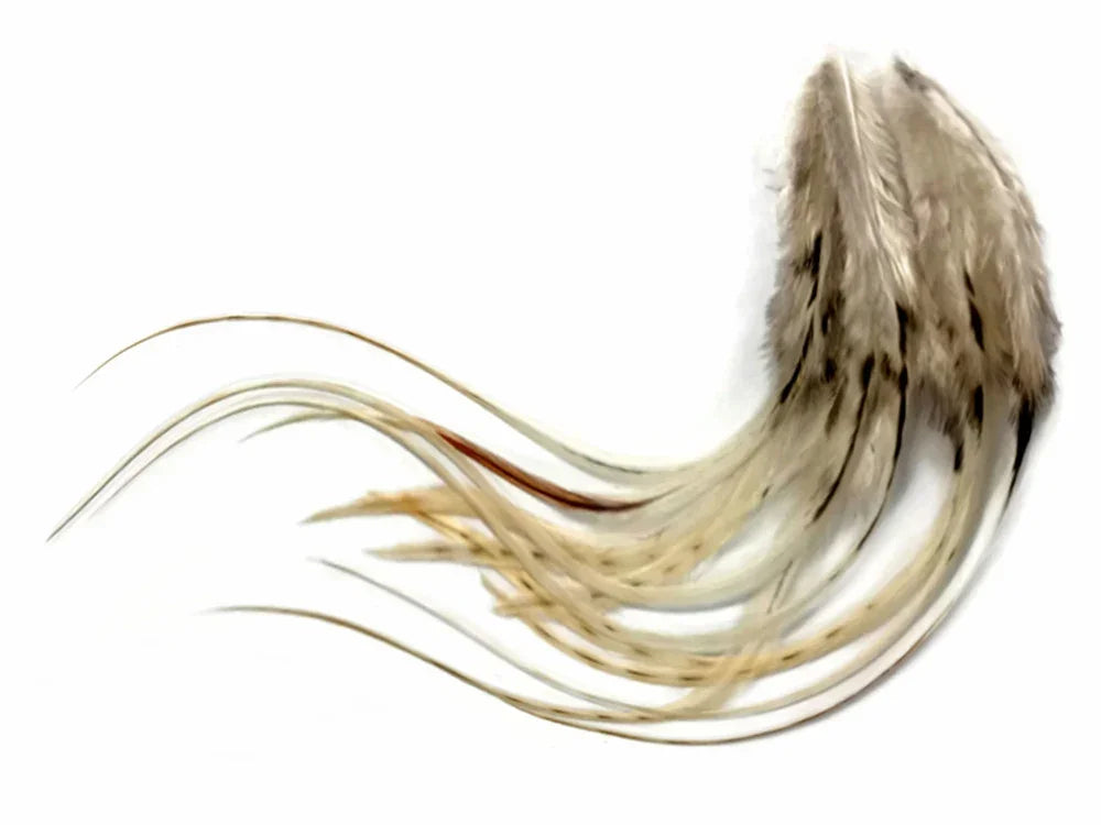Natural beige and white patterned feathers with long flowing plumes for DIY crafts.