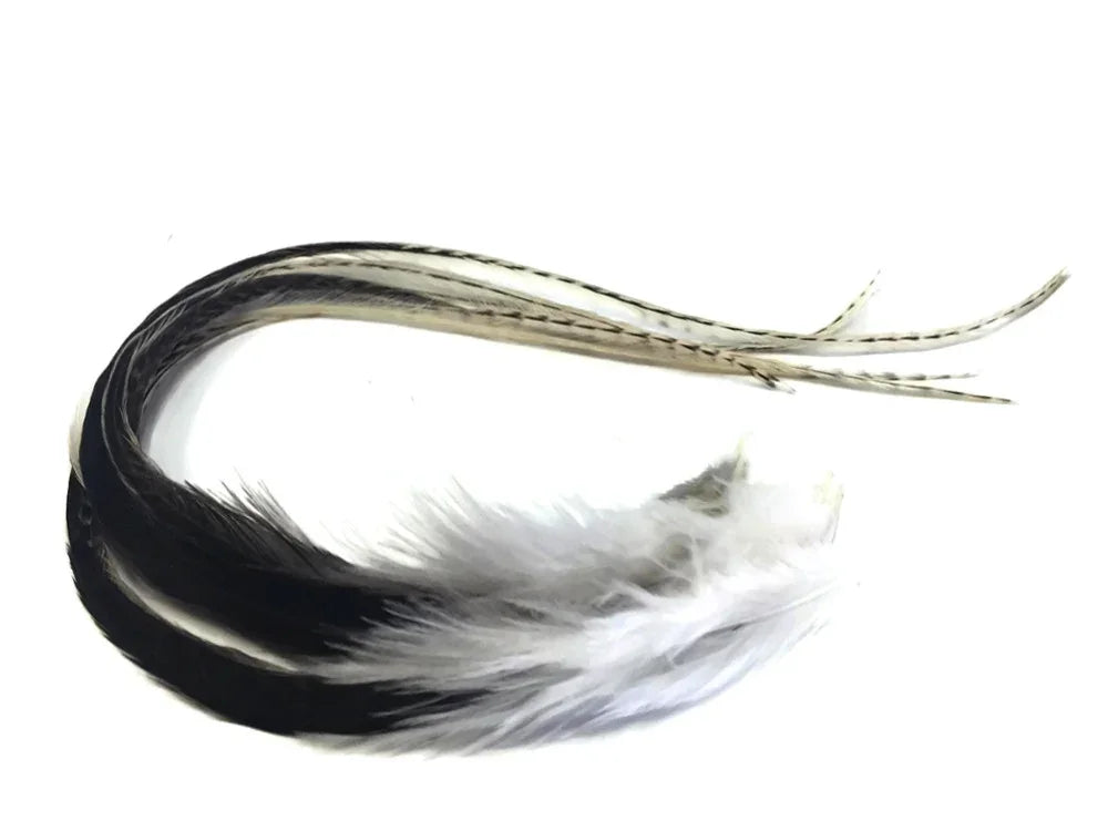 Long black and white patterned feathers for DIY crafts and fashion accessories.