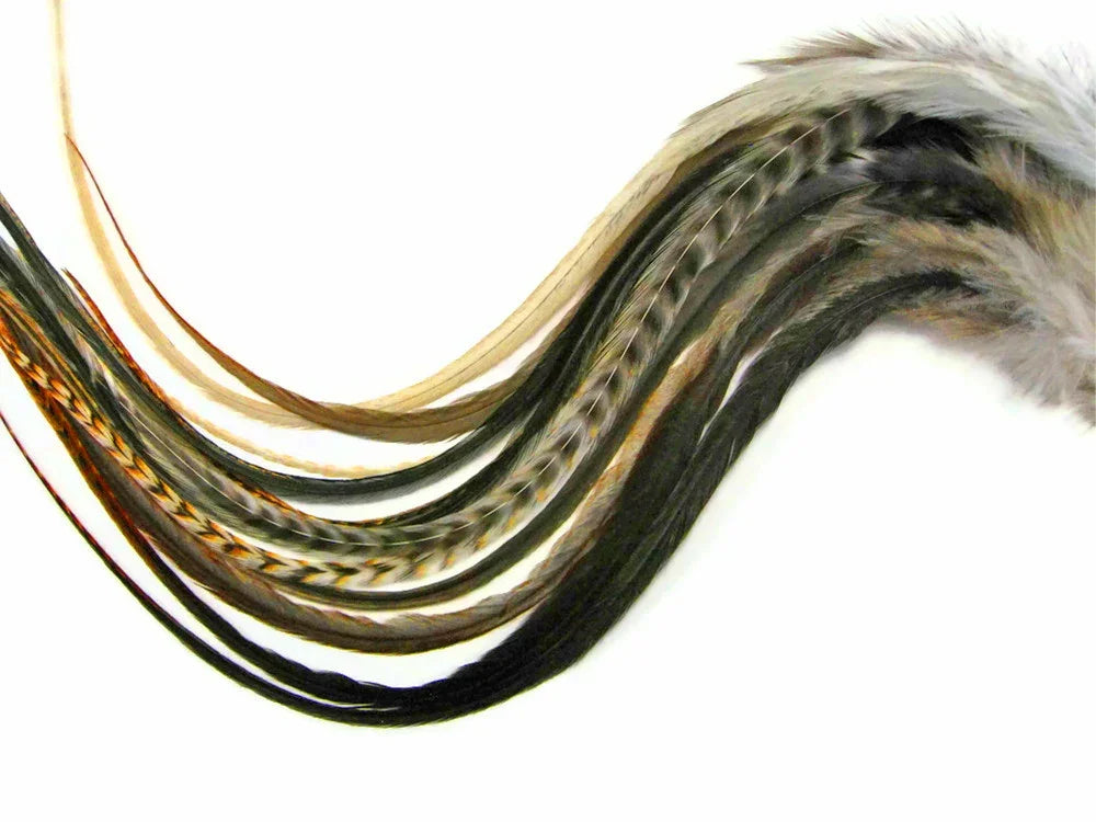 Assorted natural brown and black patterned feathers for DIY crafts and fashion décor.