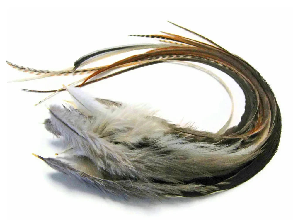 Natural brown and white patterned feathers for DIY crafts and fashion decor.