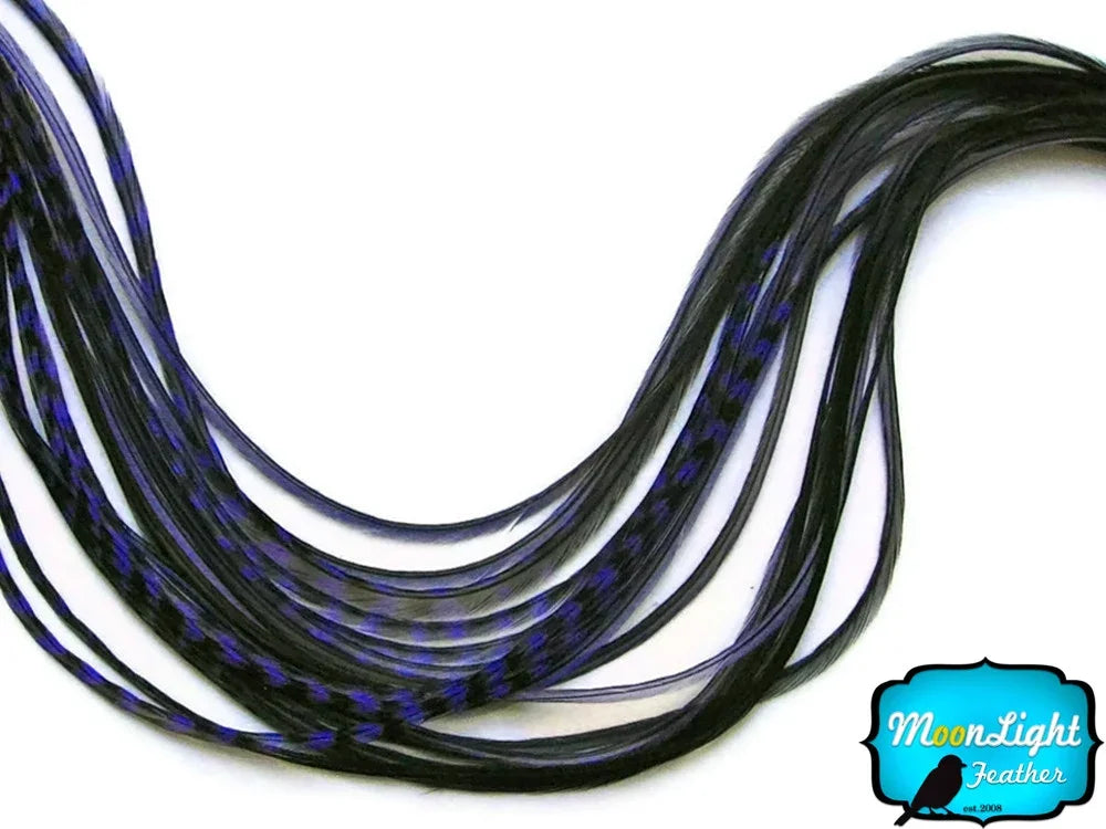 Long black feathers with vibrant purple accents for craft and fashion DIY supplies.