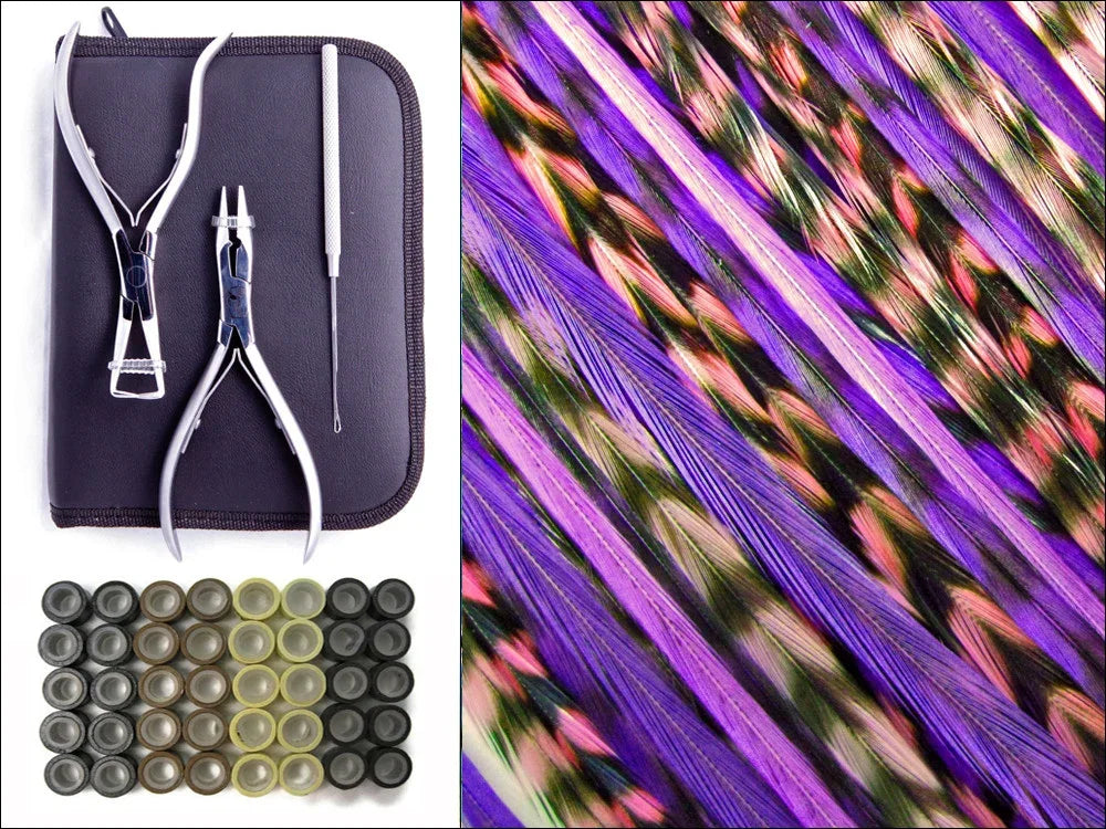 Jewelry making tools with pliers, needle, and beads alongside colorful iridescent feathers.