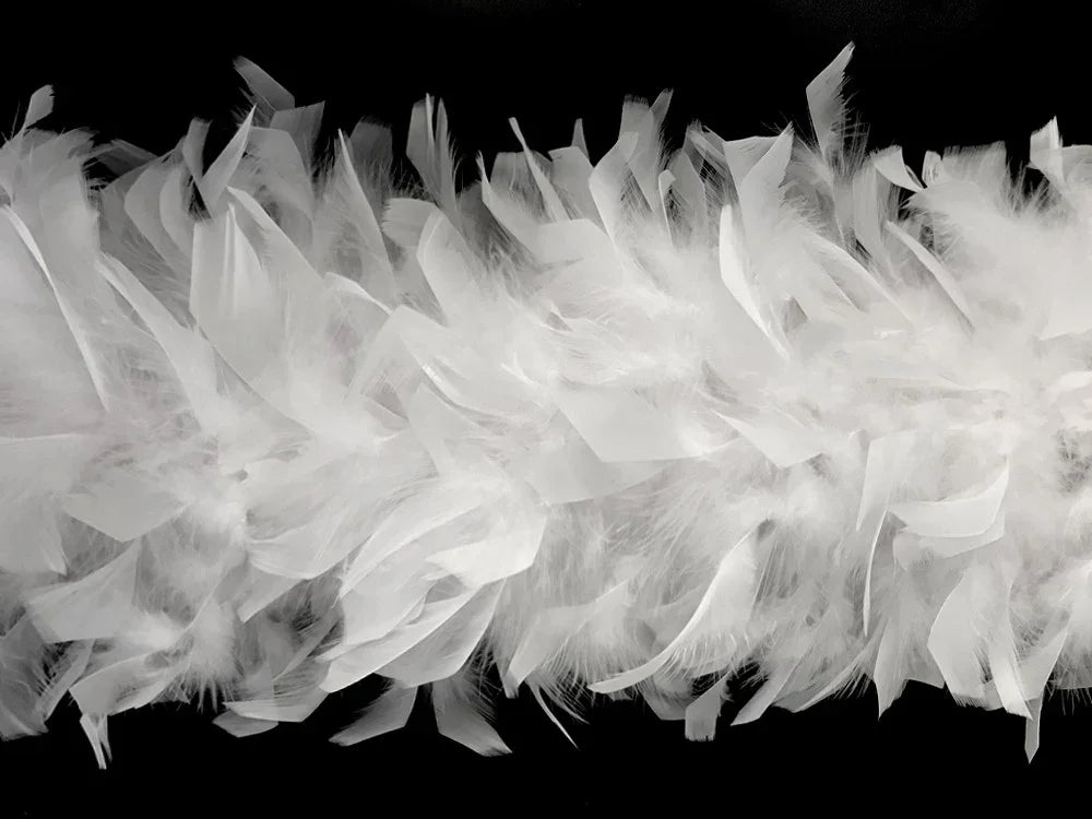 Soft white fluffy feathers for DIY crafts and fashion decor against a black background.