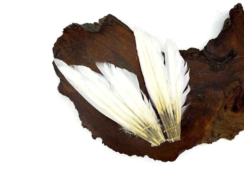 Natural white feathers for DIY crafts and fashion decor on a dark wood slice.