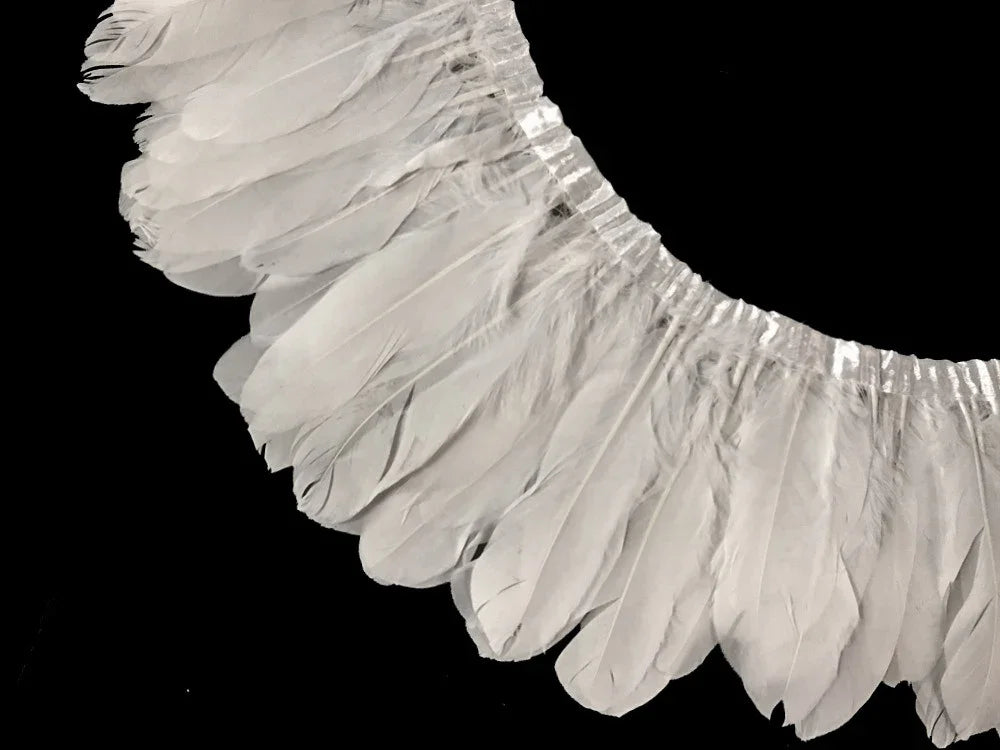 White decorative feathers arranged in a curved fringe pattern against a black background.