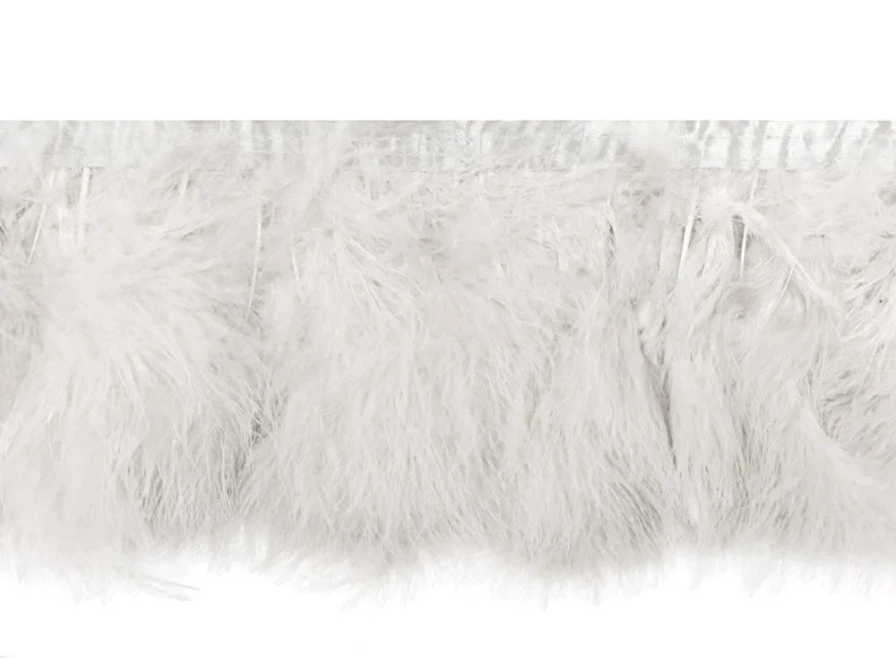 Soft white ostrich feather trim for fashion and DIY craft decorations.